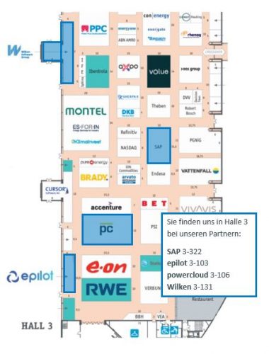 Hallenplan der E-world 2023: Sie finden uns auf den Ständen der SAP, powercloud, epilot und Wilken